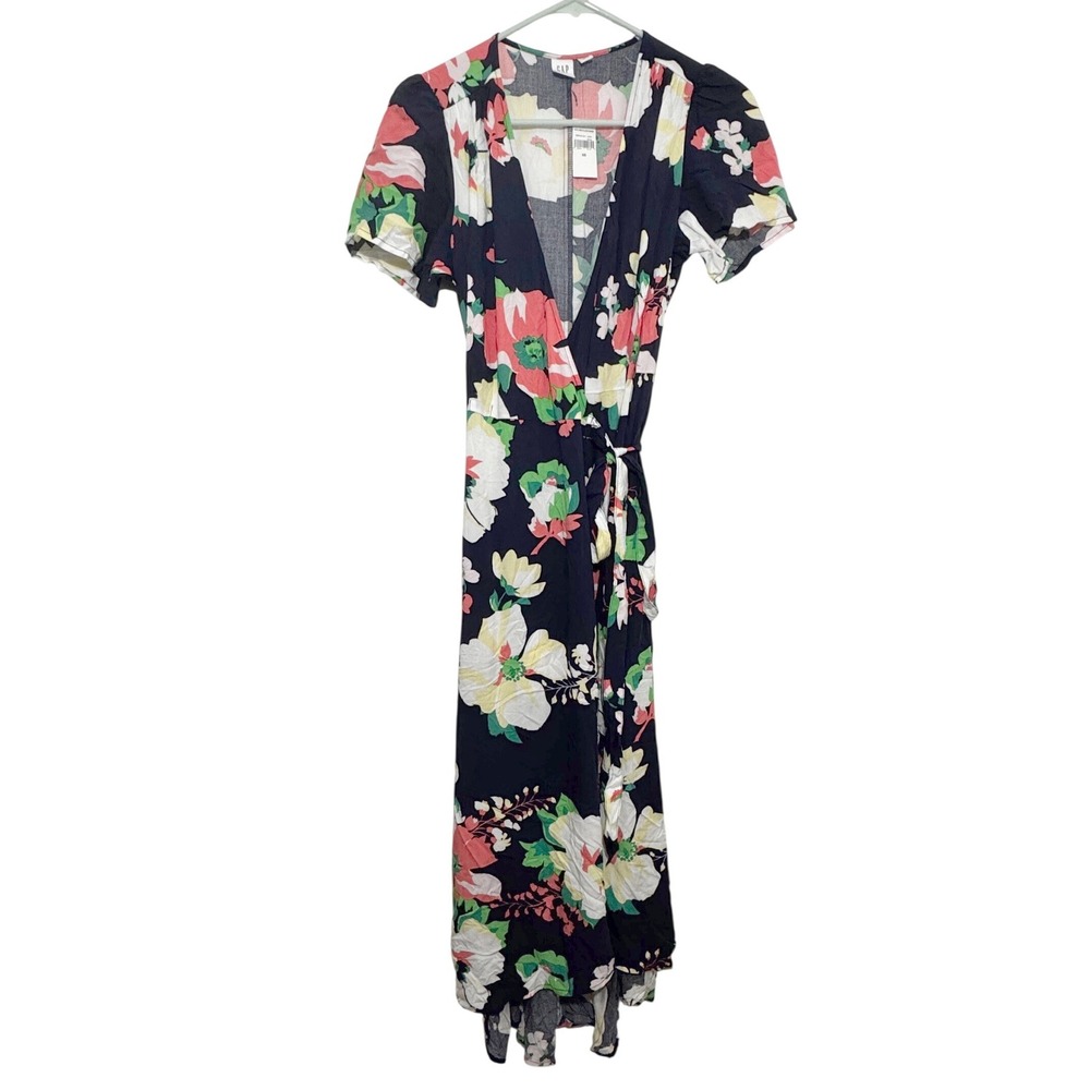 Gap Wrap Dress Navy Floral Short Sleeve Women's XS New Midi Summer Boho